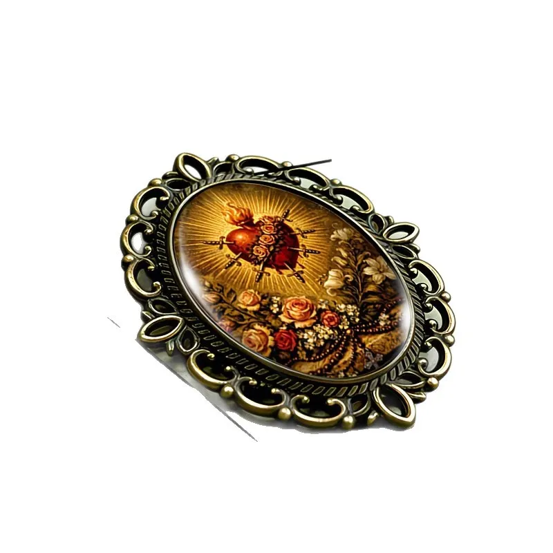 Our Lady of Sorrows Sacred Heart Brooch – Oval Glass Lapel Pin with Filigree Border, Catholic Religious Jewelry, Perfect Clothing & Backpack Accessory Gift